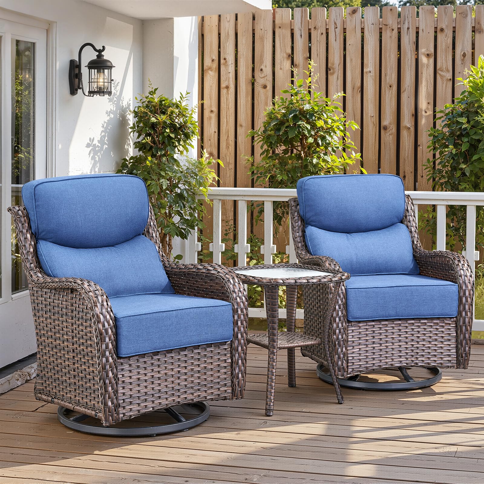 -Piece Swivel Glider Chair Set & Side Table, ", NT Series - Brown Wicker Blue Cushion