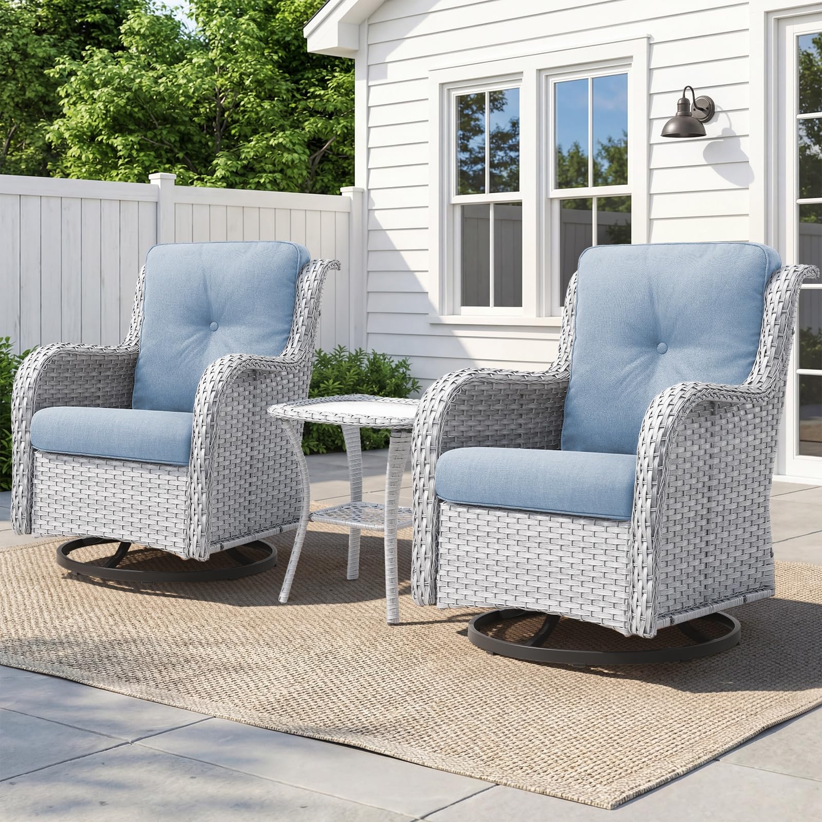-Piece Outdoor Wicker Swivel Glider Set Chairs & Side Table, NTC Series - Light Grey Wicker Baby Blue Cushion