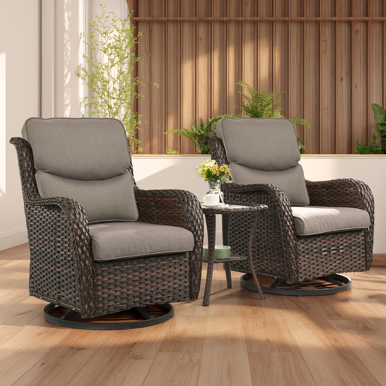 -Piece Swivel Patio Set Chairs & Glass Table, NTC Series - Brown Wicker Grey Cushion