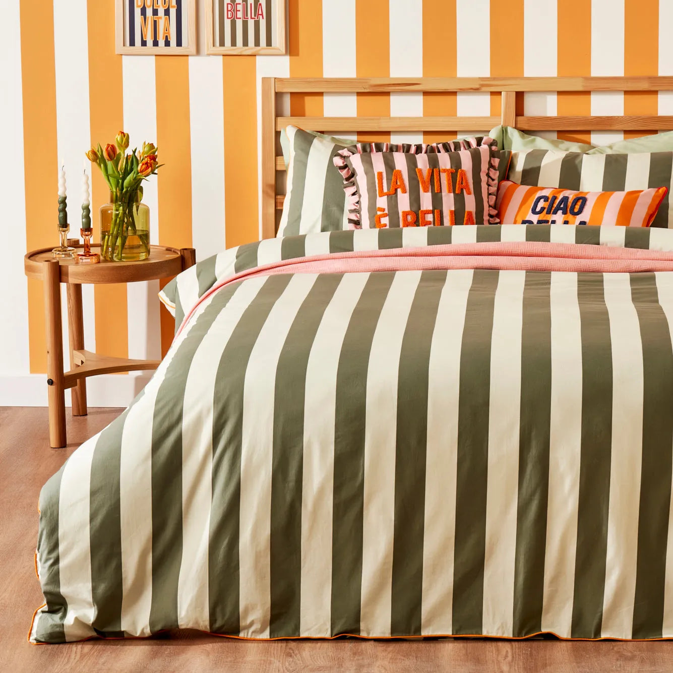 Line Striped Cotton Sateen Duvet Set - King Green