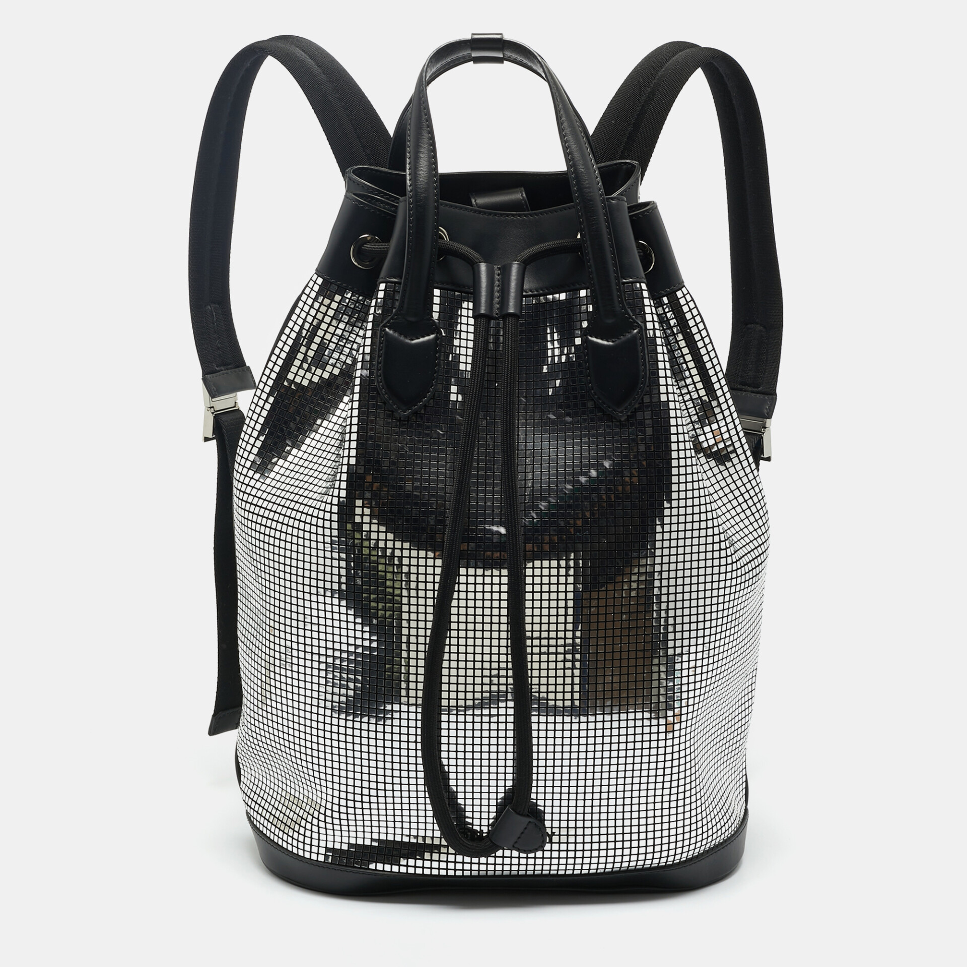 Burberry BlackSilver Mirror Effect Suede and Leather Drawstring Backpack