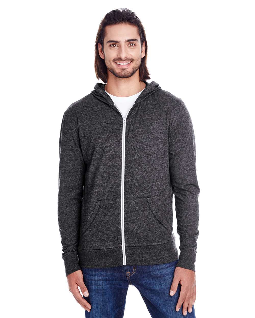 Threadfast Apparel - Z - Triblend Full - Zip Light Hooded Sweatshirt - Black Triblend