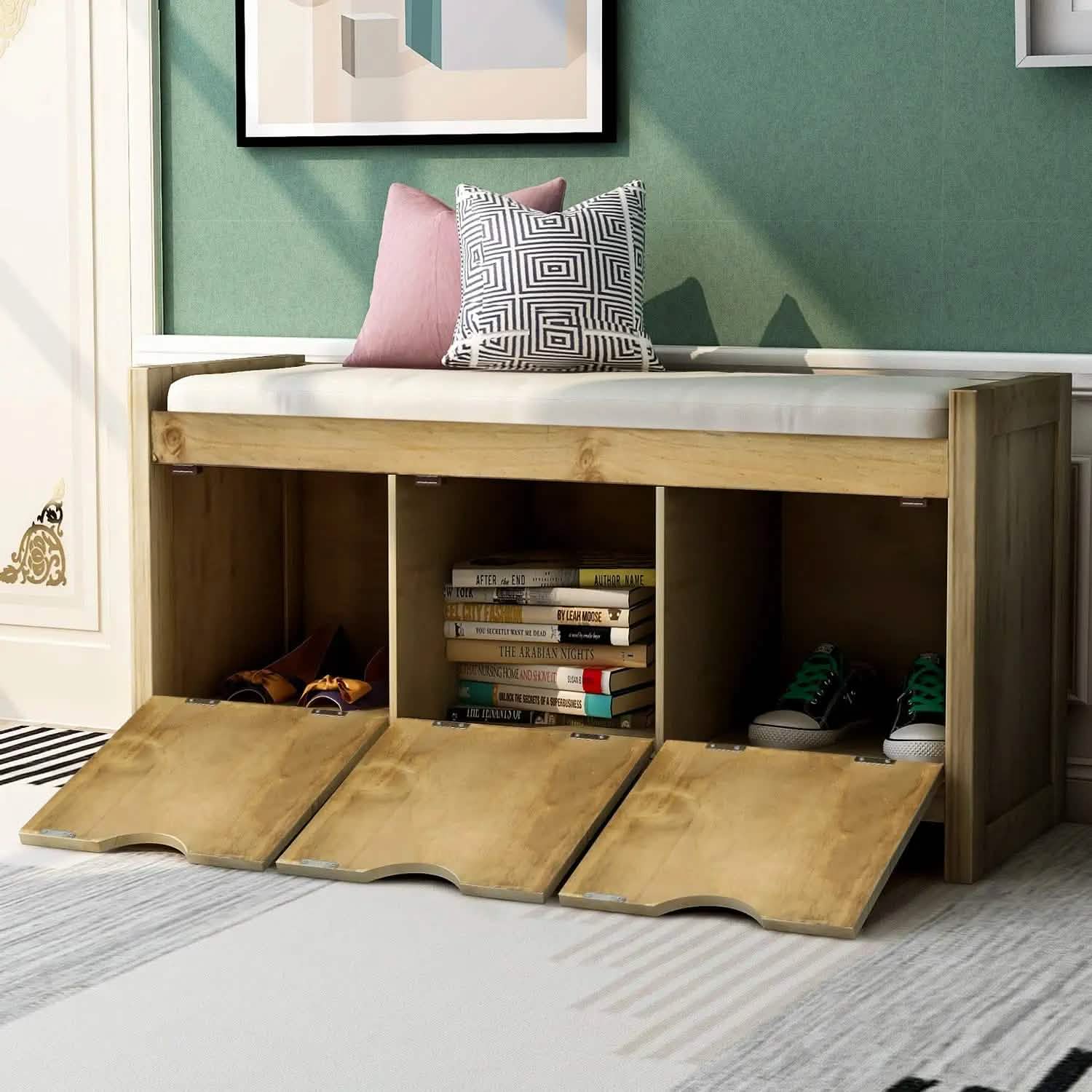 Storage Bench with Removable Cushion and Flip Lock Storage Cubbies