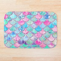 Pink And Blue Watercolor Faux Glitter Mermaid Scales Bath Mat