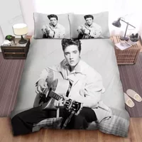 Elvis Presley With Guitar In Black White Photograph Quilt Duvet Cover Bedding Set