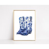 Blue Cowboy Boots Wall Art Print Coquette Bow Cowgirl Boots Print Coastal