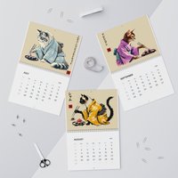 Cats In Kimonos Eating Sushi Calendar - Japan Cat Sumi-e Art, Ukiyo-e Inspired, Vibrant Monthly Wall Decor