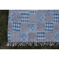 INDIGO DYED HANDWOVEN BLOCK PRINTED COTTON RUG WITH FLORAL DESIGN