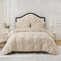 Embossed Floral Duvet Cover Set - Beige Pleated Textured Bedding -Piece With Pillowcases - Luxury Hotel Style Home Textile​