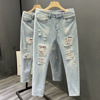 Men's Distressed Slim Fit Jeans Vintage Washed Denim With Ripped Details & Rolled Cuff Light Blue, -, % Cotton, High Elasticity