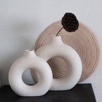 White Ceramic Ring Vase Set Minimalist Home Decor, Modern Table Centerpiece For Living Room & Office​