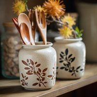 Hand-Painted Vintage Ceramic Storage Jar Multifunctional Desk Organizer, Pen Holder & Mini Vase With Floral Motifs, Boho Chic Home Decor