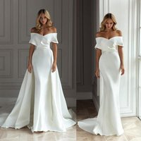 light wedding dress satin long tail temperament simple Hepburn style hosted one-shoulder wedding dress spring
