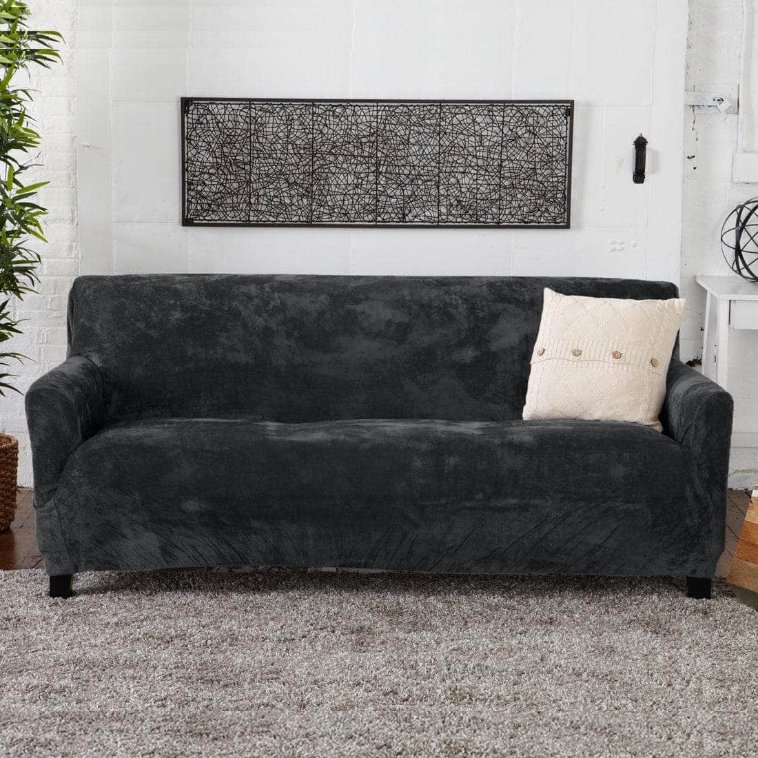 Velvet Stretch Slipcover - Gale Collection - Sofa Dark Grey