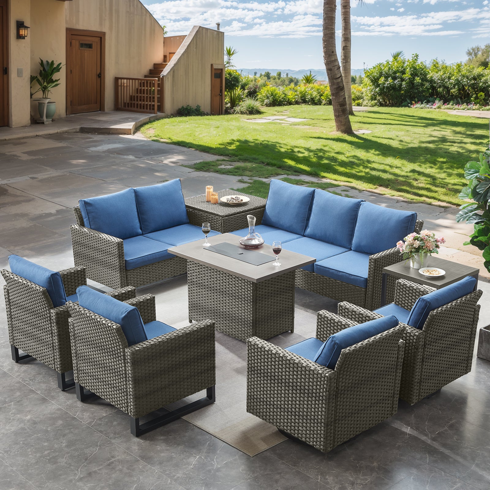 -Piece Patio Sectional Set with Fire Pit Table & Storage, GRS Series - Mixed Grey Wicker Blue Cushion