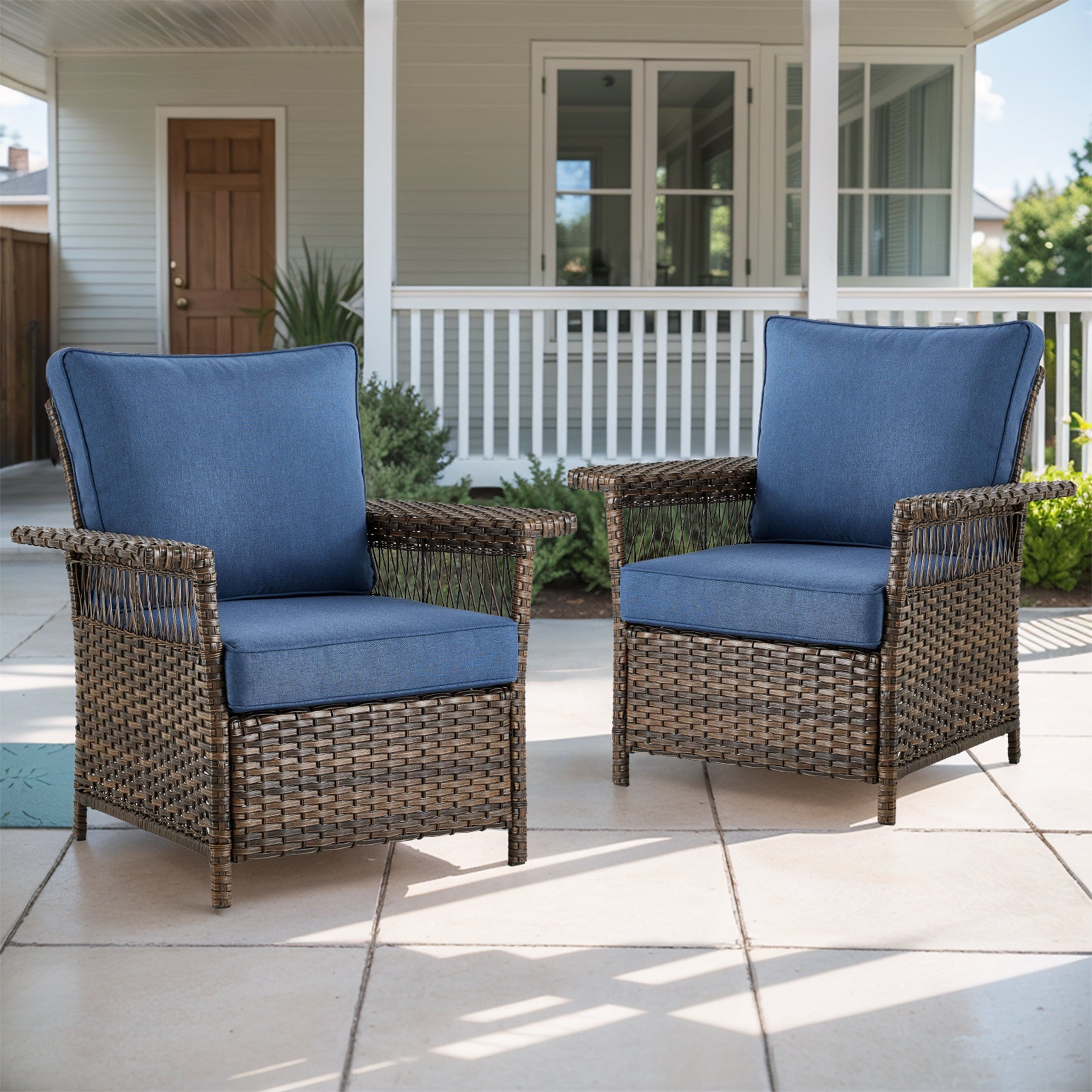 Outdoor Wicker Patio Chair Set of , " Wide Armrest, SS Series - Brown Wicker Blue Cushion