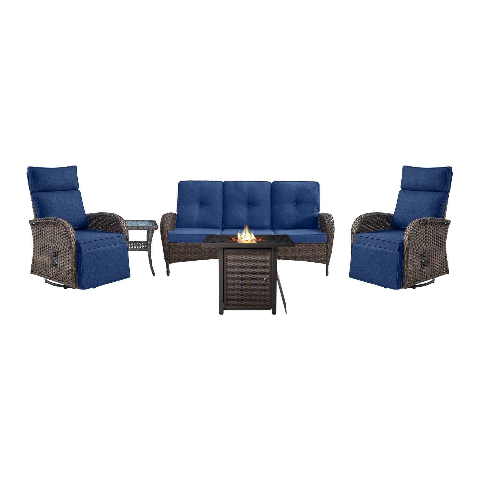 Piece Adjustable Rocking Recliner Chair with Fire Table, NDS Series - Brown Wicker Blue Cushion
