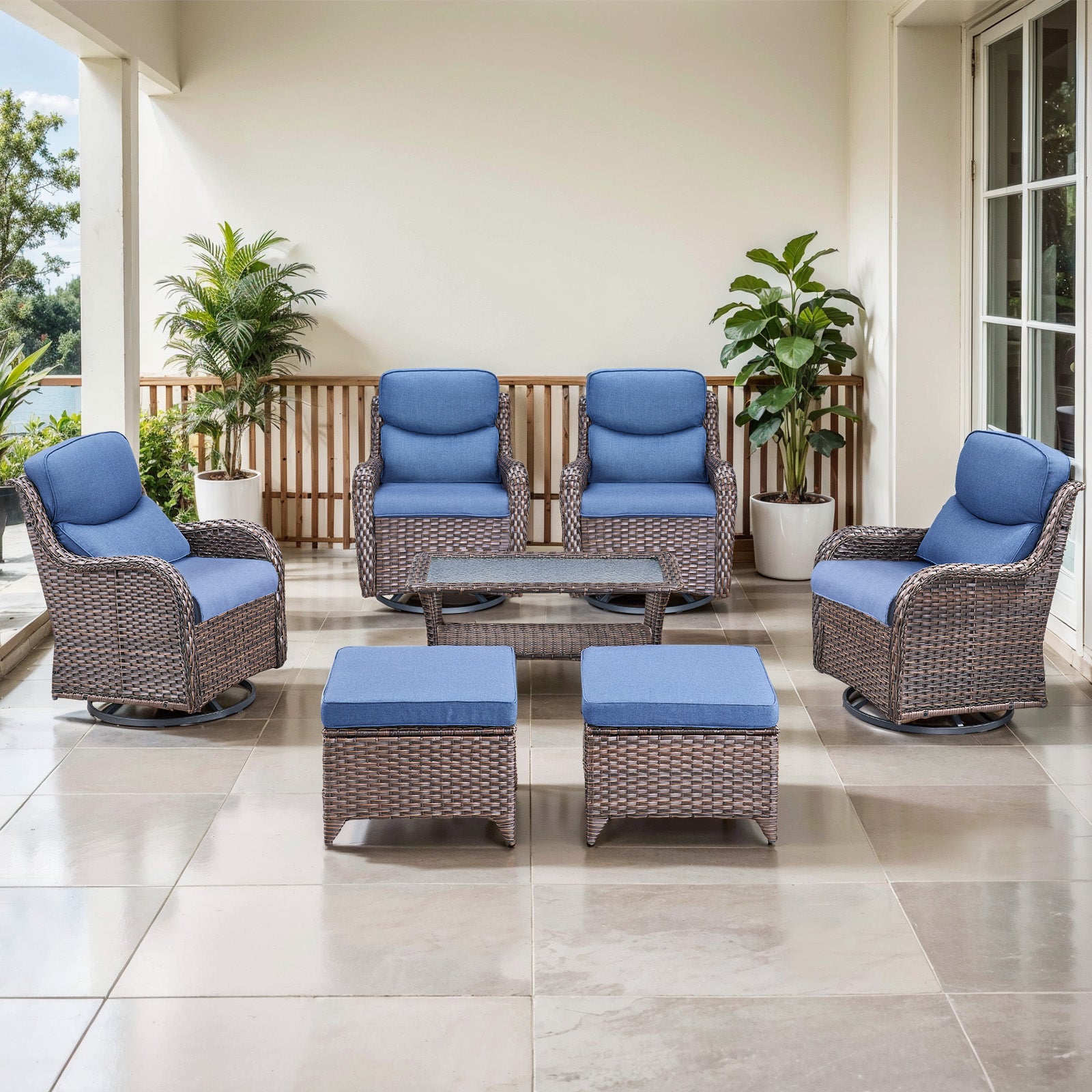 Piece Swivel Rocker Patio Chairs Set with Coffee Table, NTS Series - Brown Wicker Blue Cushion