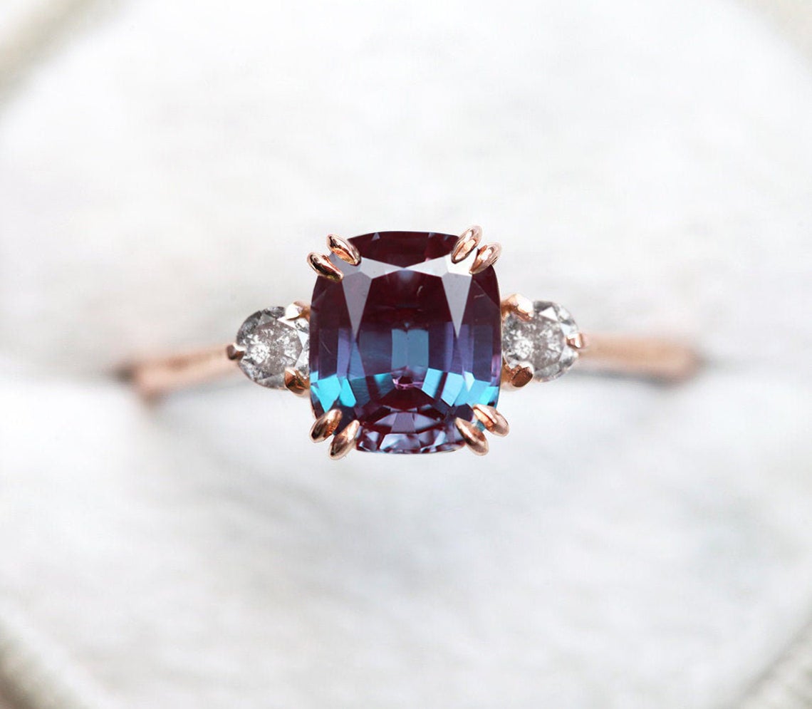Alma . ct Cushion Lab Alexandrite Ring Salt and Pepper Diamond Ring - k yellow gold