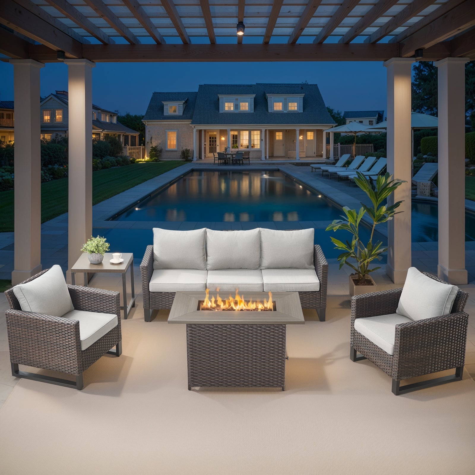 -Piece Patio Set with " Gas Fire Pit Table, Sofa & Chairs, GRS Series - Brown Wicker Beige Cushion
