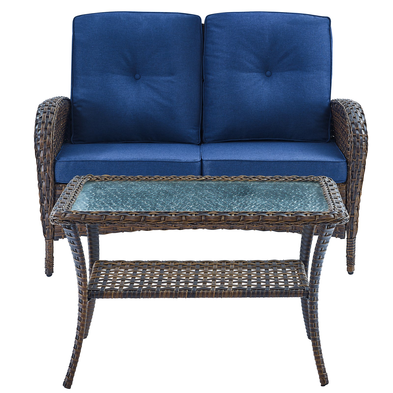 Loveseat Set with Coffee Table, NDS Series - Brown Wicker Blue Cushion