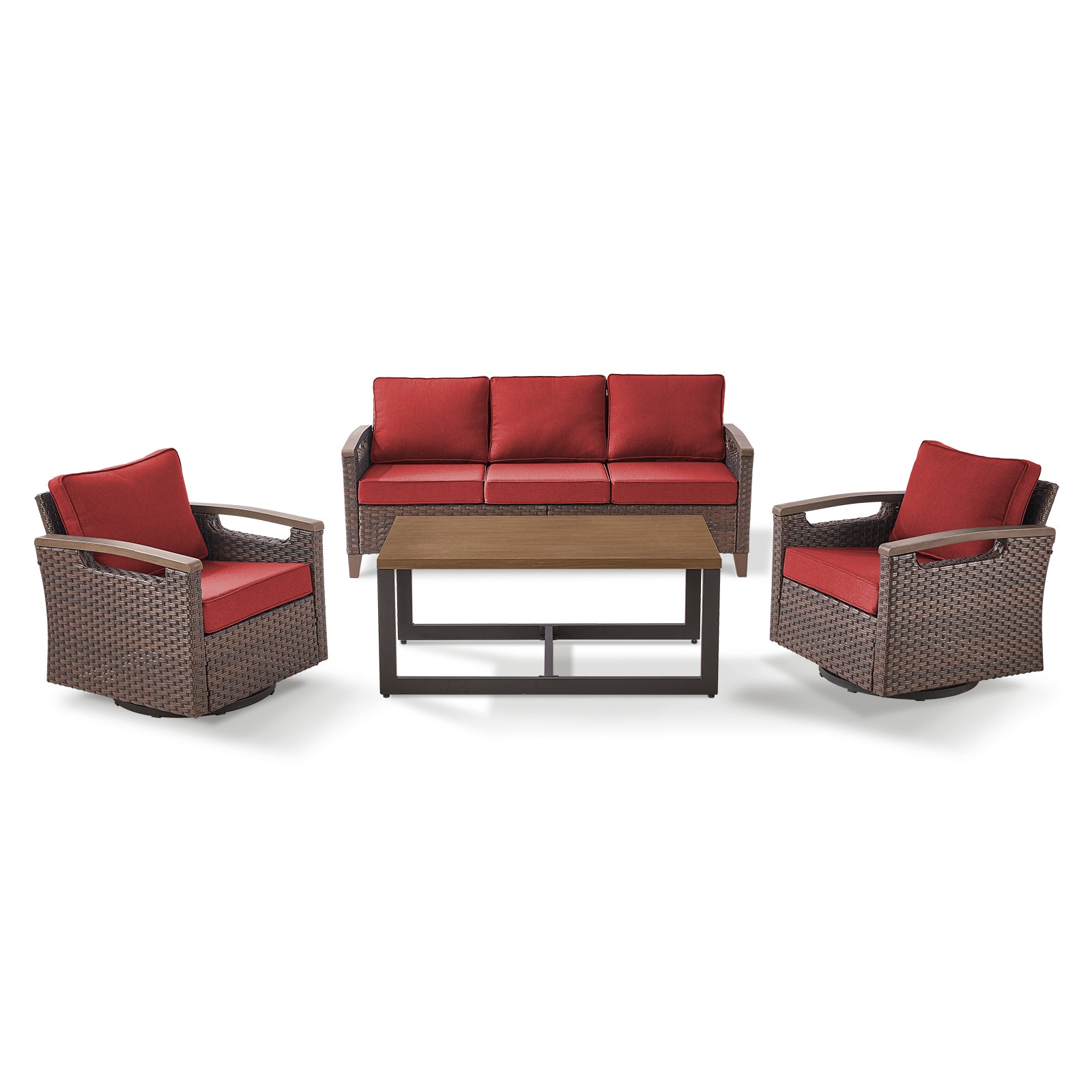 -Piece Patio Sofa Set: Swivel Chairs & Coffee Table, BBR Series - Brown Wicker Red Cushion