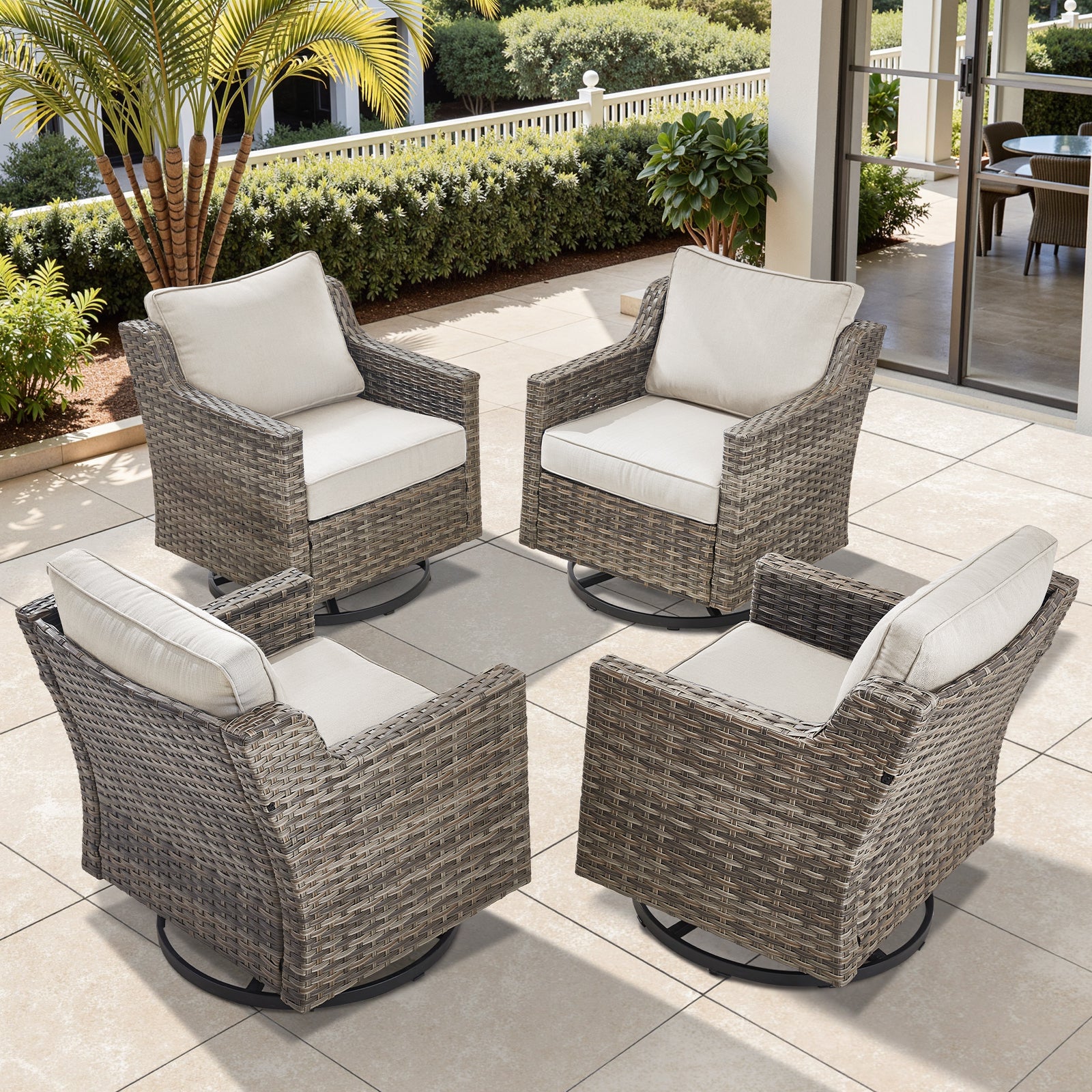 -Piece Swivel Rocker Patio Chair Set PE Wicker Padded Cushions, FG Series - Gray Wicker Beige Cushion