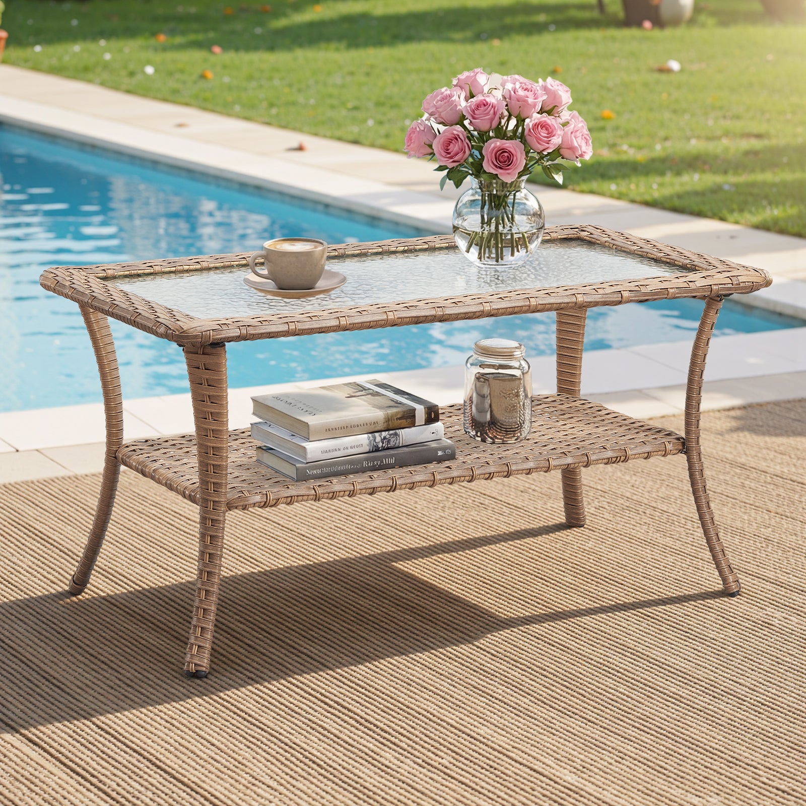 Outdoor Wicker Coffee Table Glass Top & Storage Shelf, NTC Series