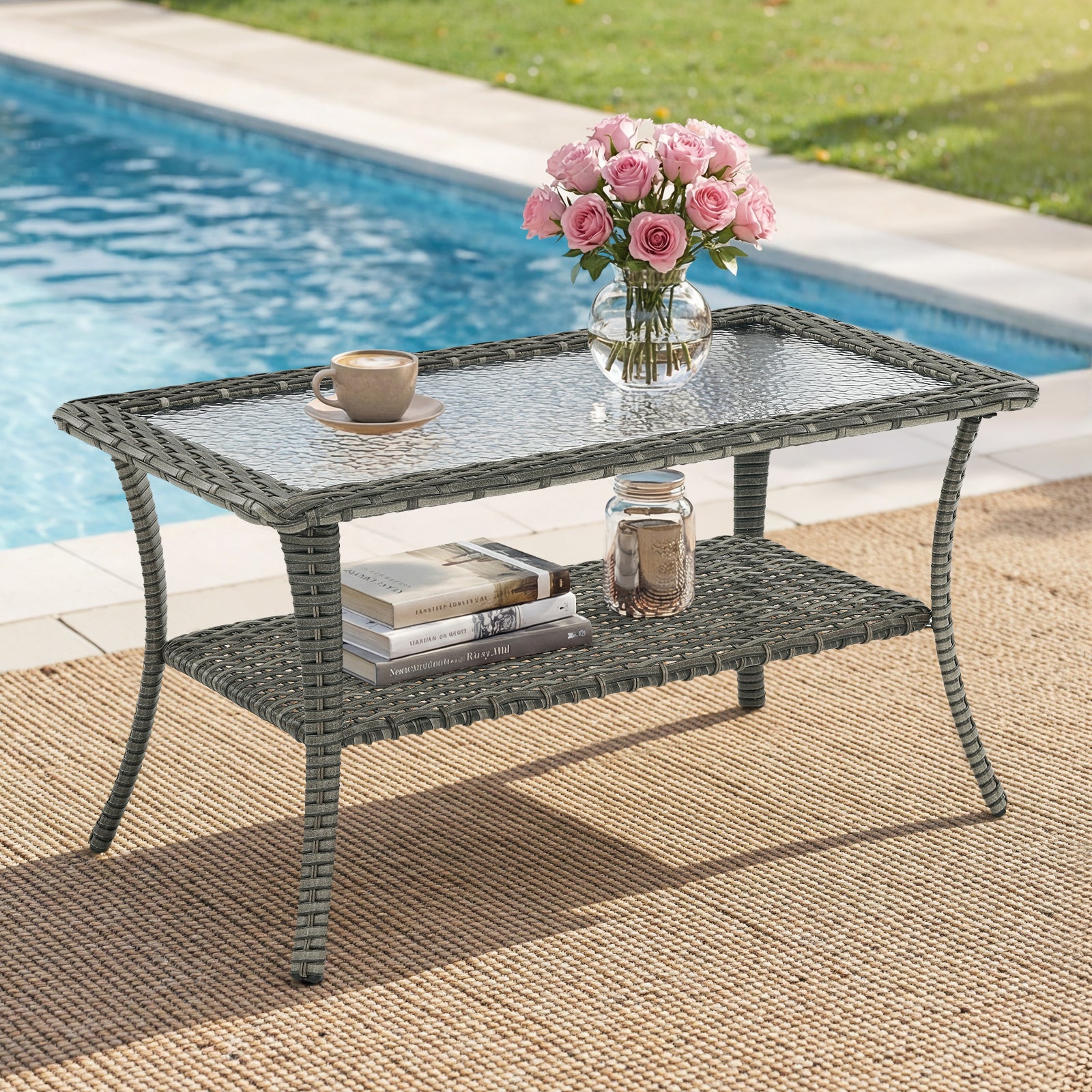 Outdoor Wicker Coffee Table Glass Top & Storage Shelf, NTC Series - Mixed Grey Wicker