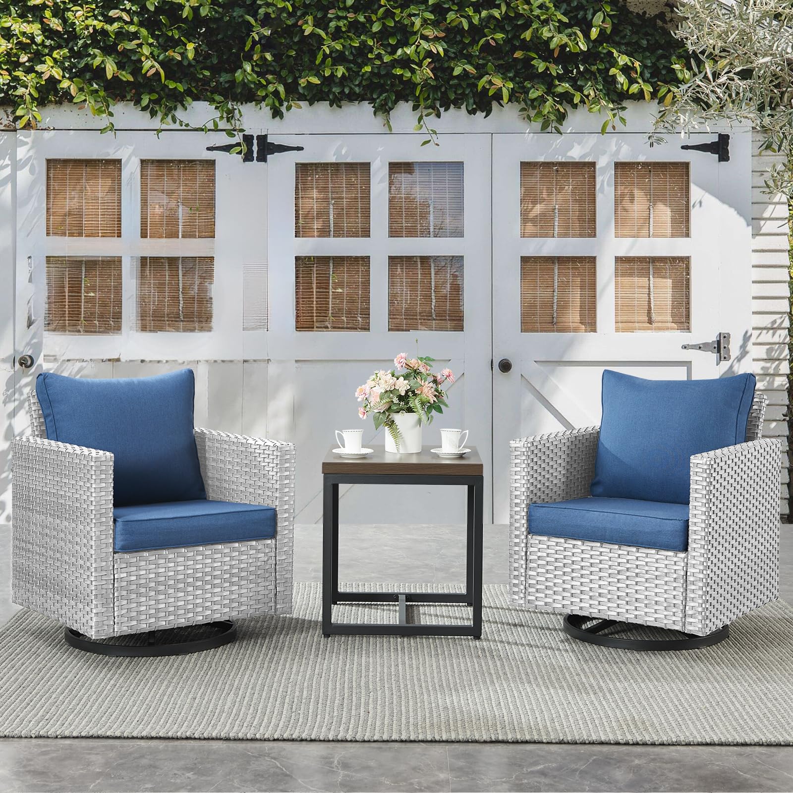 -Piece Wicker Swivel Glider Chair Set with Side Table, GRS Series - Light Grey Wicker Blue Cushion