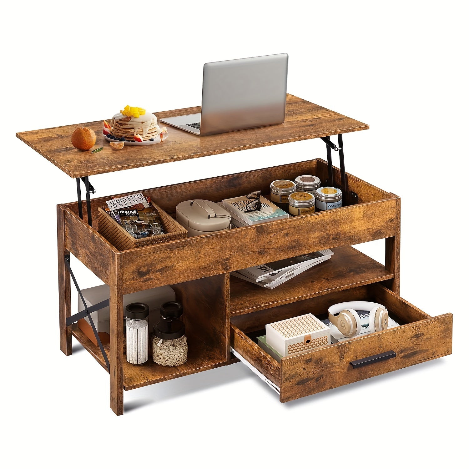 Lift Top Coffee Table wHidden Storage Drawer Shelf Retro Wood Living Room Table