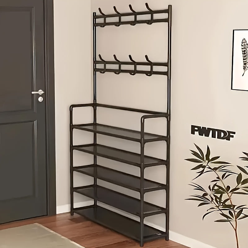 in Shoe Rack with Coat Hooks Entryway Organizer Tier Storage Shelf