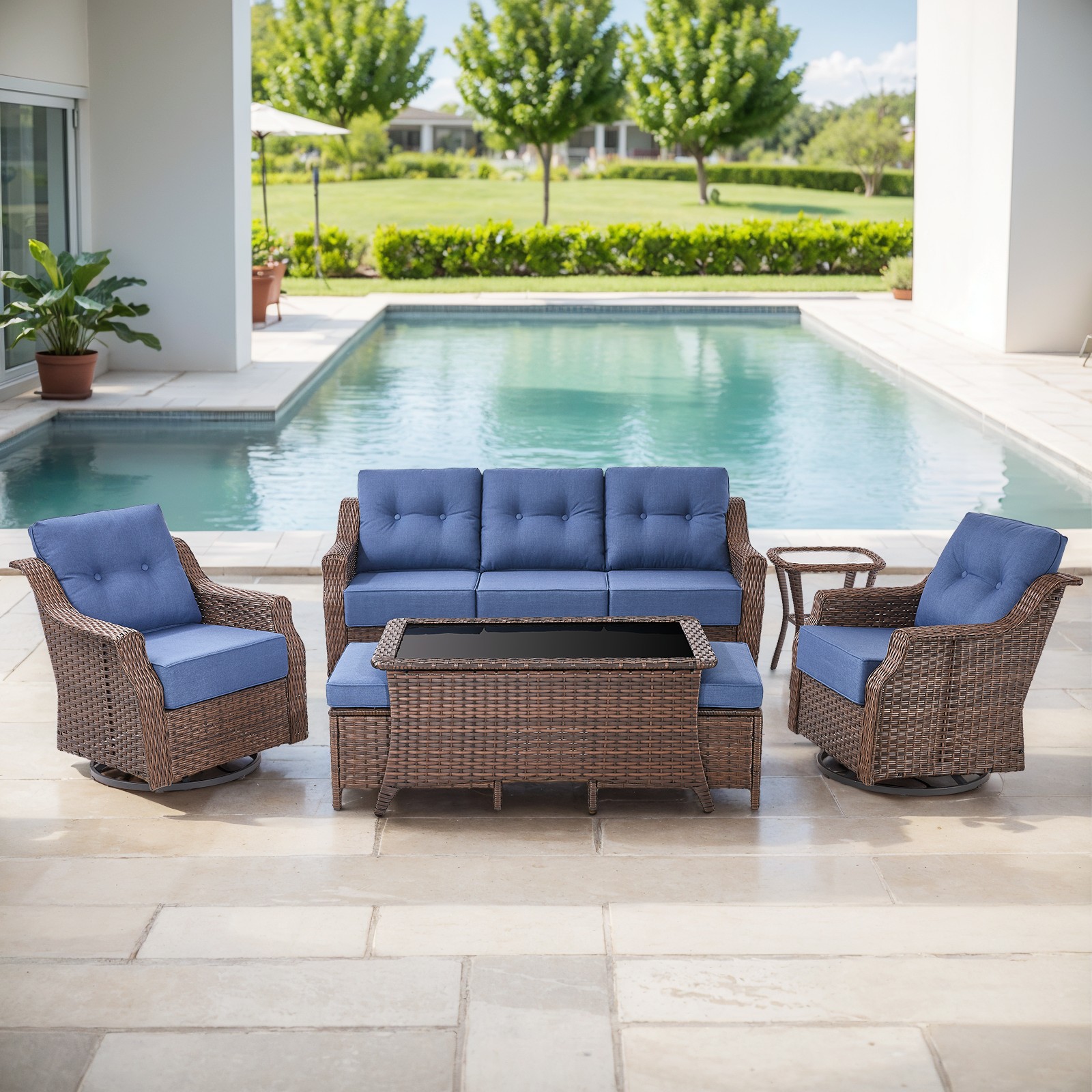 -Piece Wicker Swivel Glider Sofa Set w Coffee Table, OVOLO Series - Brown Wicker Blue Cushion