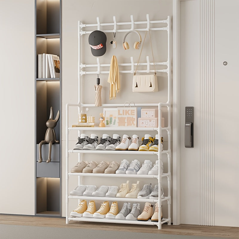 in Shoe Rack with Coat Hooks Entryway Organizer Tier Storage Shelf