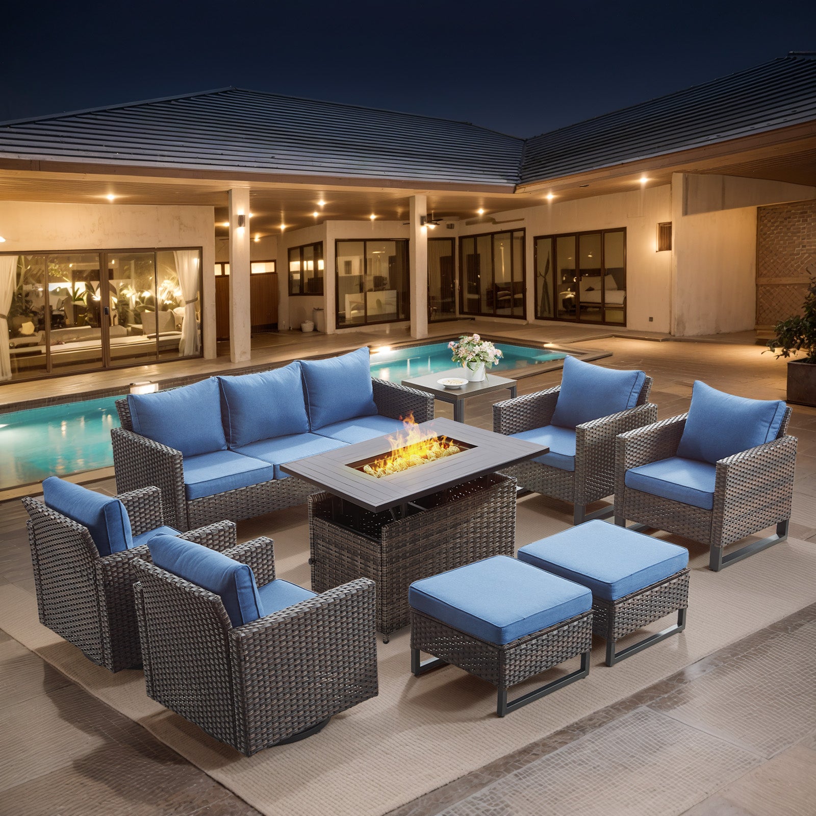 -Piece Patio Set with Adjustable Rectangular Fire Pit Table, GRS Series - Brown Wicker Blue Cushion