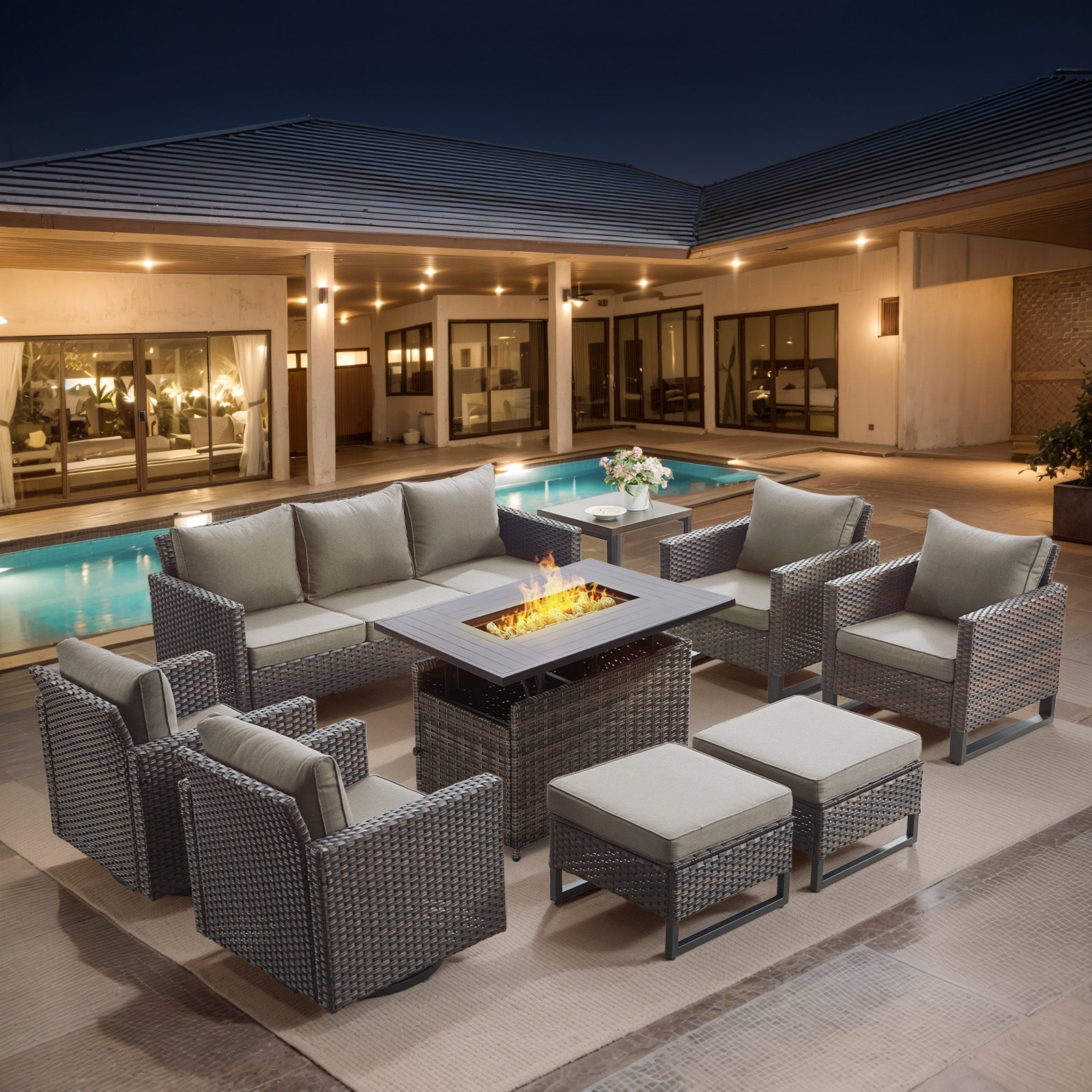 -Piece Patio Set with Adjustable Rectangular Fire Pit Table, GRS Series - Brown Wicker Grey Cushion