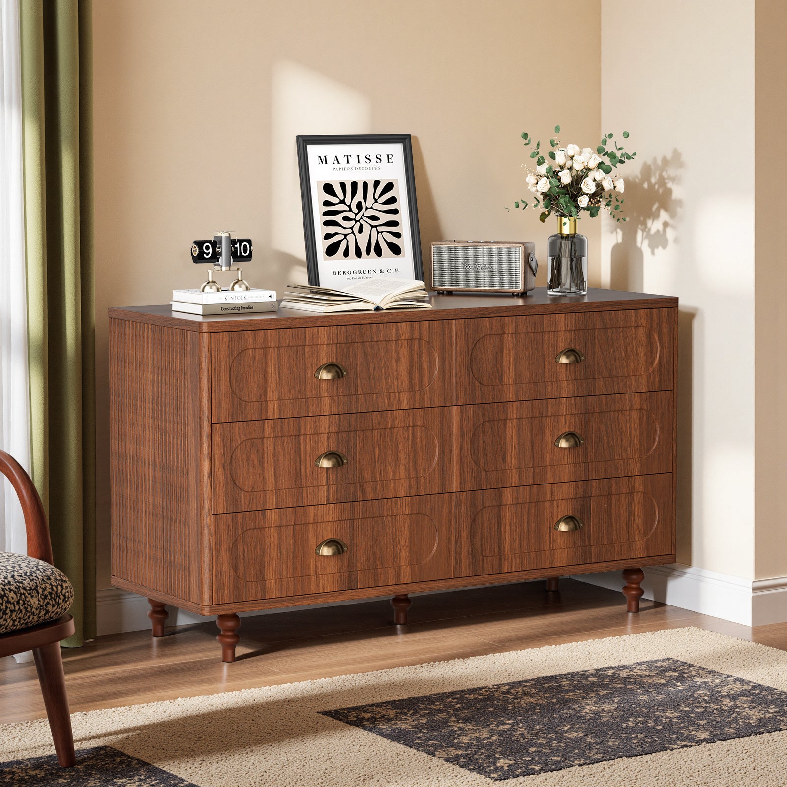 Save % - ." Walnut Double Dresser with Drawers - Sturdy Chest for Bedroom & Living Room, Solid Wood Legs
