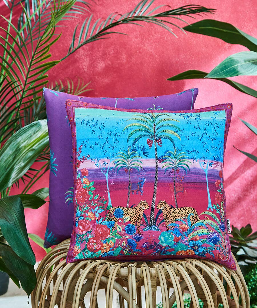 Leopards Roaming Garden Cushion - Pink - by Joe Browns