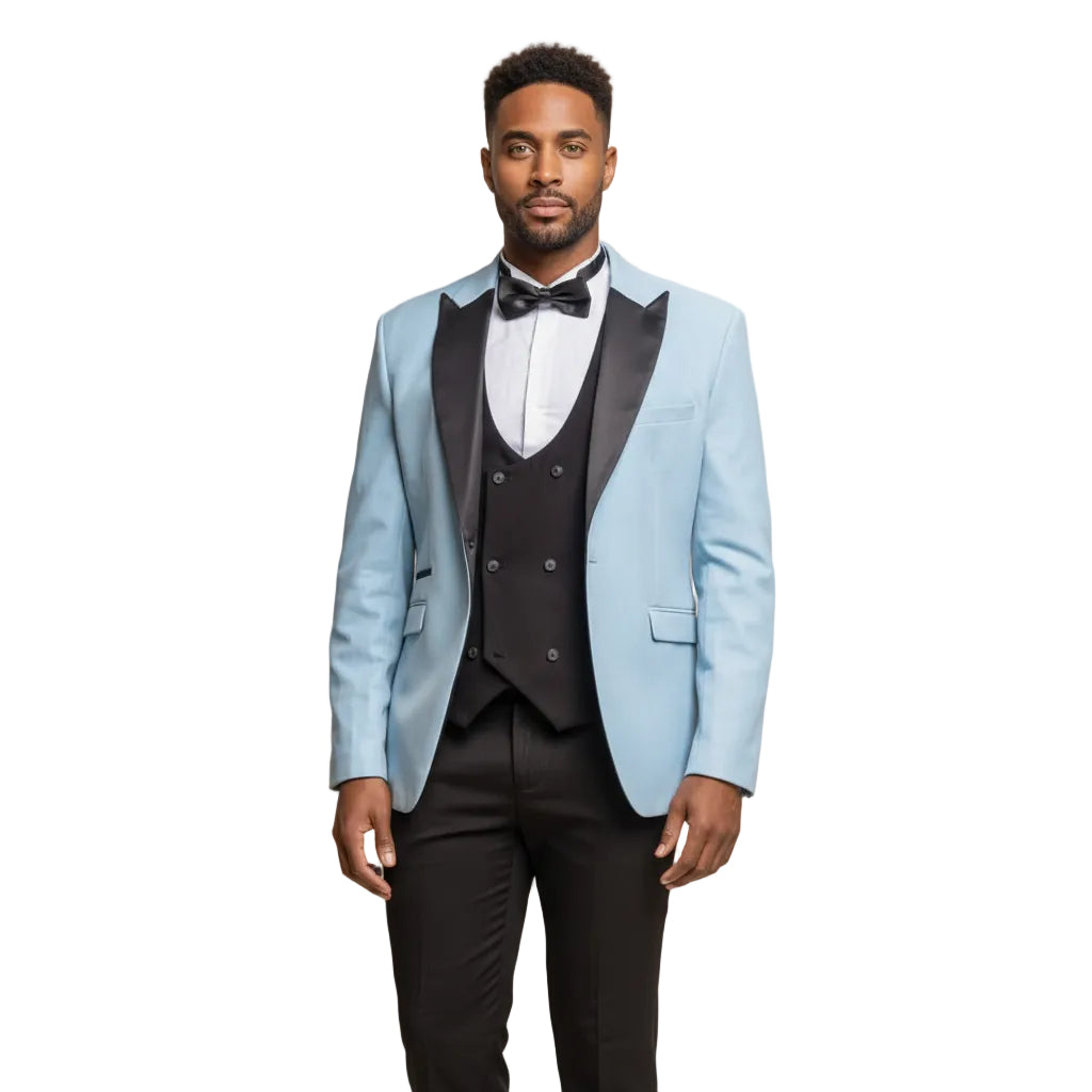 Men's Pieces Velvet Dinner Jacket for Suit Blazer+Vest+Pants - Light Blue R