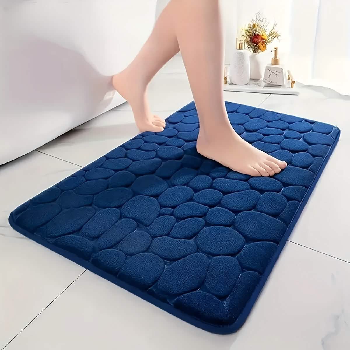 Ultra-Soft Memory Foam Bath Mat Non-Slip, Absorbent Gray Hexagon - Blue Rectangle