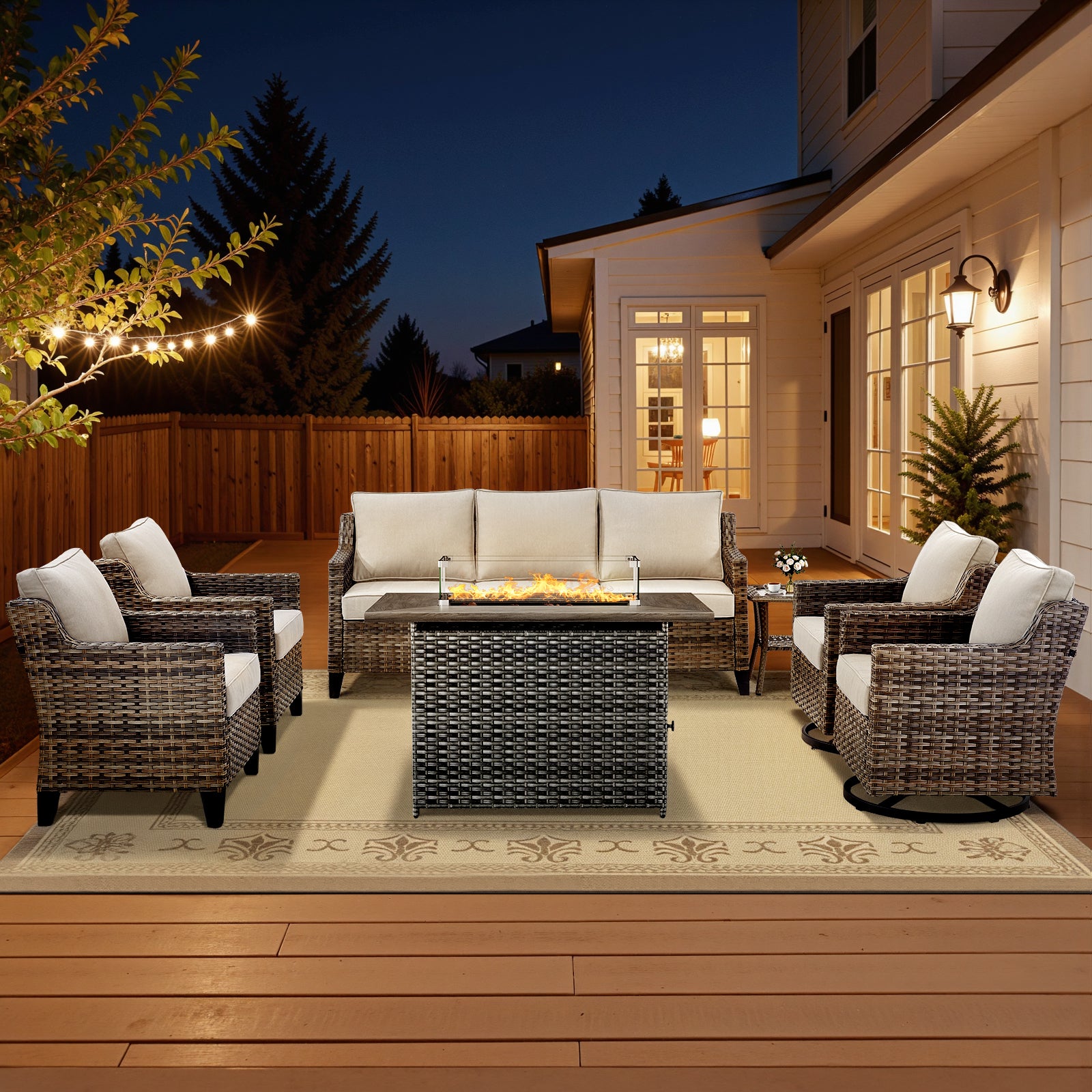 -Piece Patio Fire Pit Set Sofa Swivel Chairs & Side Table, FG Series - Gray Wicker Beige Cushion