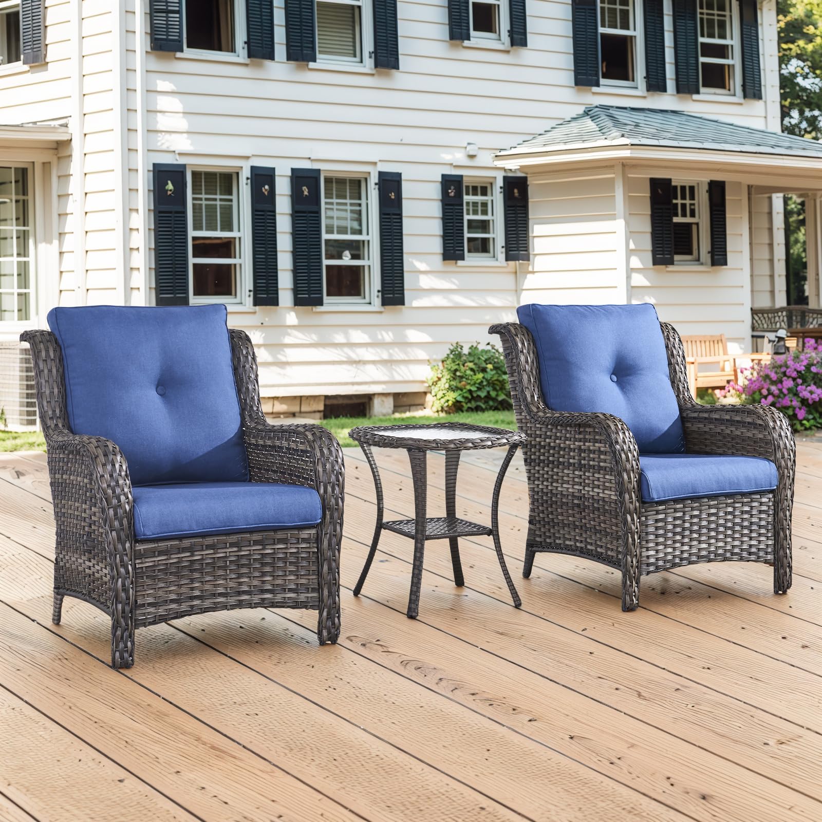 Piece Outdoor Furniture Set Patio Chairs with Side Table, NTC Series - Mixed Grey Wicker Blue Cushion