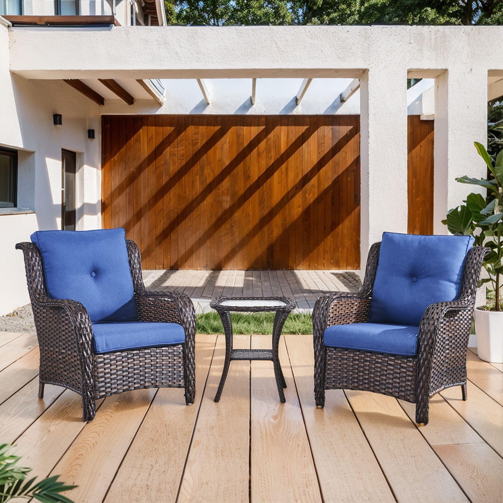 Piece Outdoor Furniture Set Patio Chairs with Side Table, NTC Series - Brown Wicker Blue Cushion