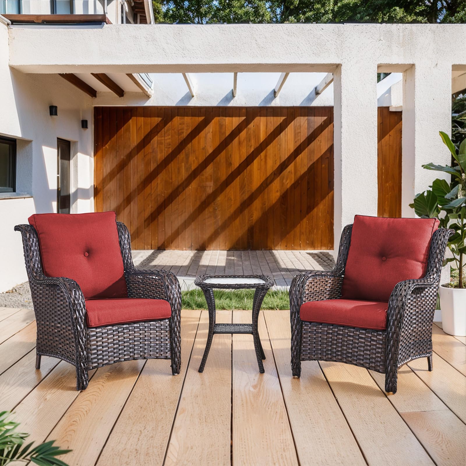 Piece Outdoor Furniture Set Patio Chairs with Side Table, NTC Series - Brown Wicker Red Cushion