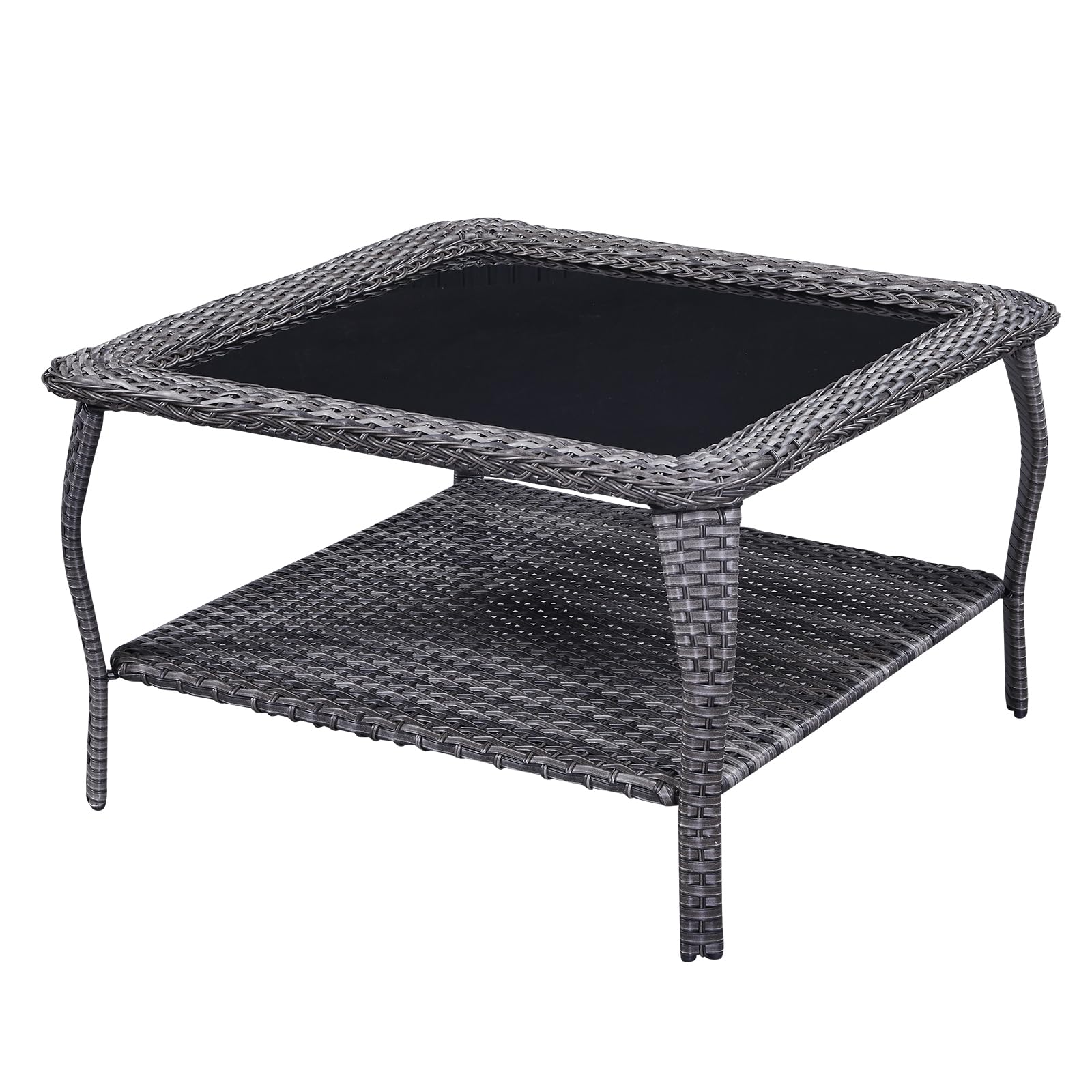 Outdoor Wicker Coffee Table Glass Top & -Tier Storage, NTC Series