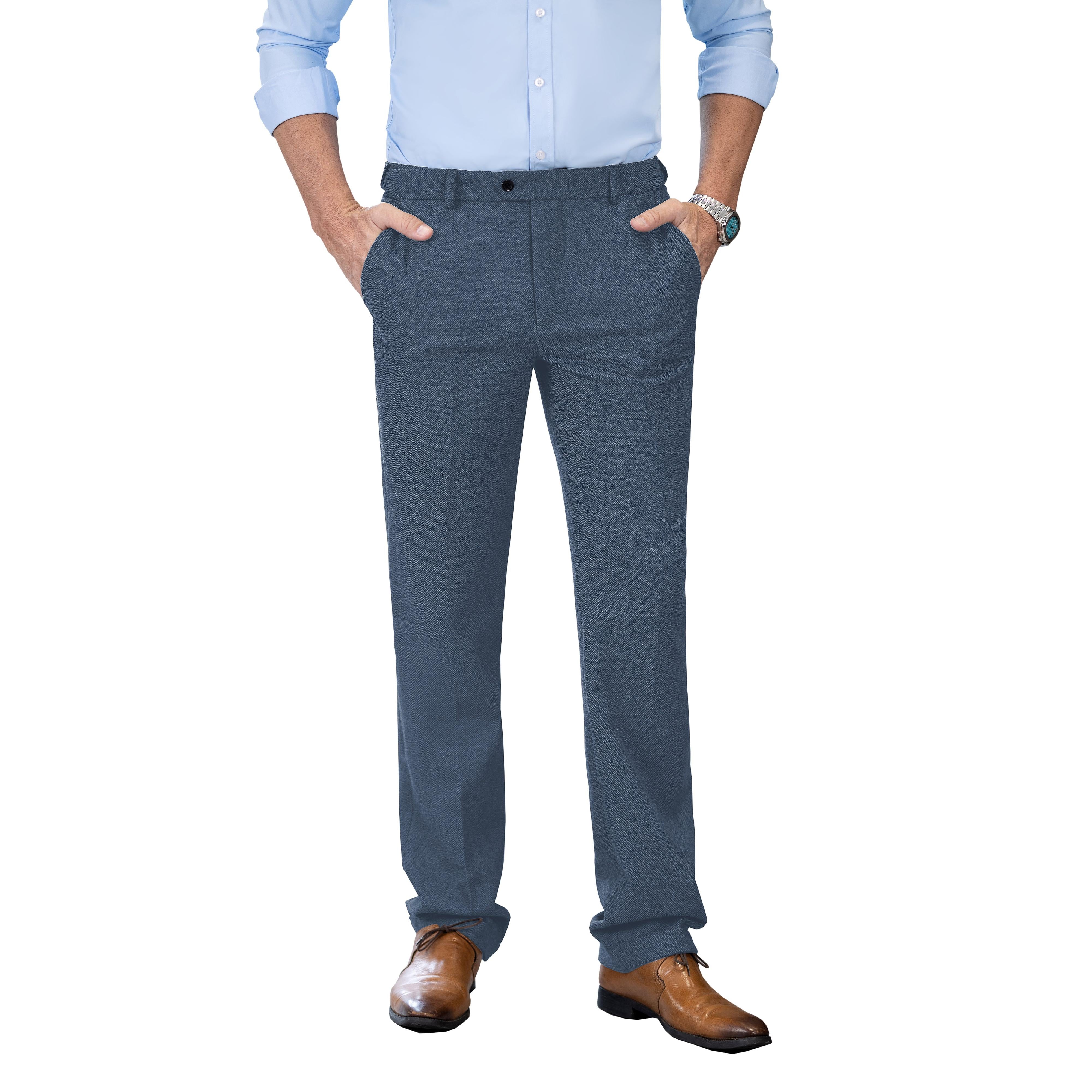 Men's Retro Suit Pants Herringbone Tweed Trousers - Light Navy W x L