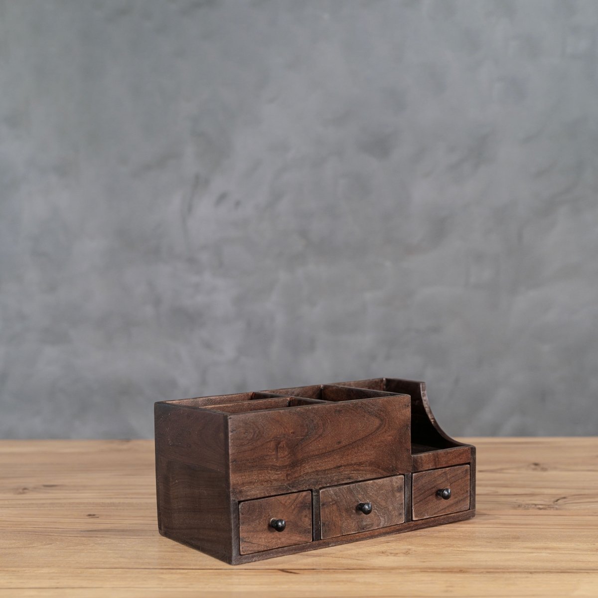Rustic Reclaimed Teak Wood Desk Organiser With Drawers - . Antique Dark Gray