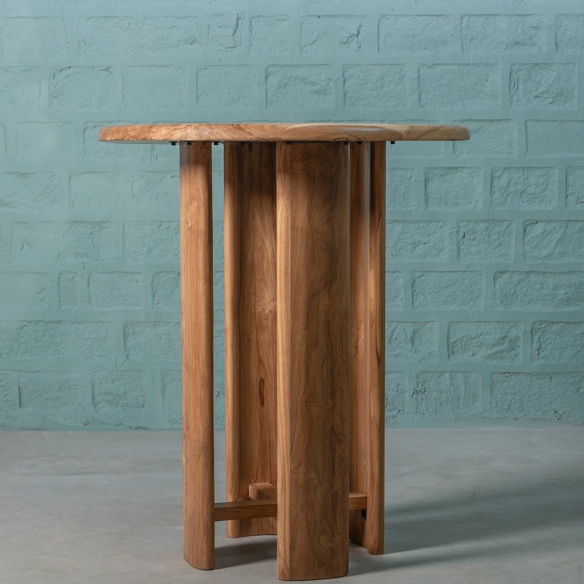 Solid Teak Bar Table - '' Round x Inch Height . Light Bleach