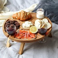Customizable Wooden Folding Picnic Outdoor Portable Holder Round Desk Wine Glass Rack Collapsible Table For Garden Party